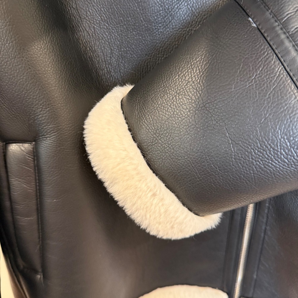 Joie Faux Fur Lined Black Faux Leather Aviator Moto Jacket XL - Picture 5 of 10